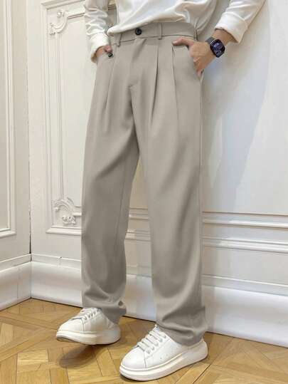 Claim Dot Men's Solid Color Pleated Straight Loose Casual Pants