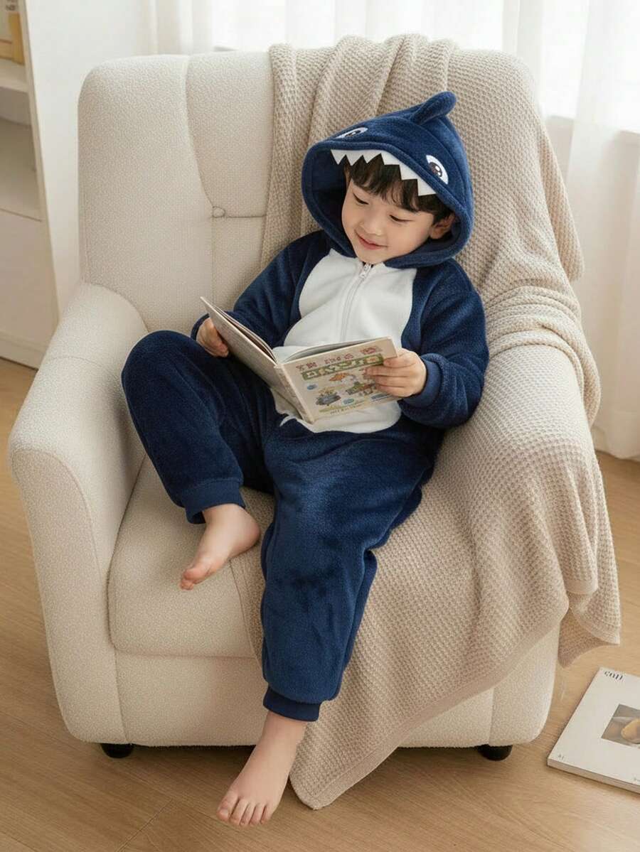 Genkimix Kids 2pcs Young BoyBlue & White Reversible Fleece Monster Claw Hooded Jumpsuit With Gloves Pajama Set Shark Sleepsuit Toddler Pajamas Boy Pajamas Night Clothes For Kids Kids Kigurumi