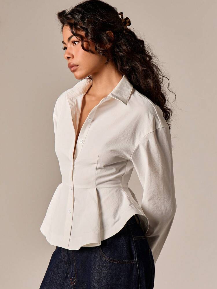 Button Down Peplum Hem Collared Blouse