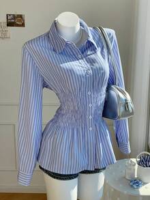 Comfortcana 2025 New Fall/Winter Fashionable Women's Striped Fresh Waist Cinching Long Sleeve Shirt Christmas For Women New Year Elegant Blouses For Women Casual Blouse For Women Business Casual Women Shirts Blue Striped Shirt - Blue - View 1