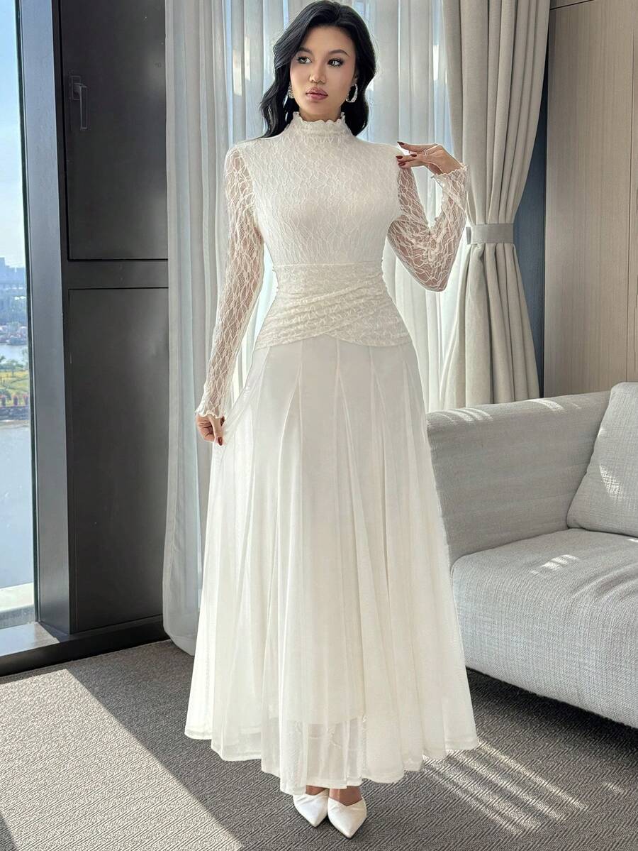 Feyla 女士立领撞色蕾丝褶皱腰身优雅连衣裙 - 白色 - 查看 1