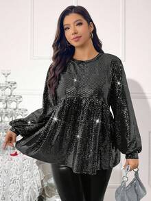 SHEIN LUNE 大码女式圆领灯笼袖荷叶边下摆亮片装饰衬衫 - 黑色 - 查看 1