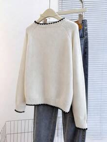 Franclia 休闲宽松圆领长袖针织撞色滚边插肩袖杏色女士套头毛衣，春秋季 - 黑色 - 查看 2