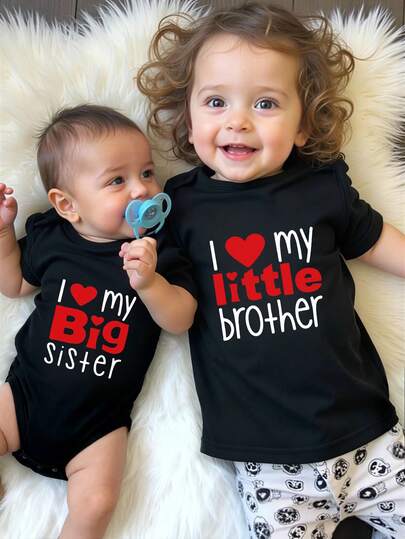 SHEIN Baby Boys Casual Fashionable Creative Personalized Refreshing Minimalist Cute Kawaii Red Heart Funny Slogan Graphic Print Casual Basic Crew Neck Short Sleeve Bodysuit, Comfortable Cozy Summer Styles Suitable For Baby Boys' Daily Wear