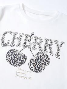 SHEIN ChillGRL 少女运动套装，秋冬新款，白色数码印花卫衣配黑色蝴蝶结，黑色修身裤，舒适合身 - 白色 - 查看 3