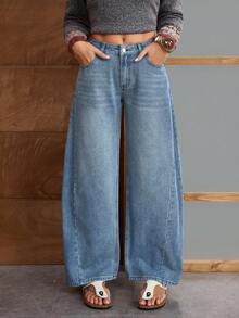 EMERY ROSE Women's Casual Washed Low Waist Wide Leg Jeans - Blue - View 1