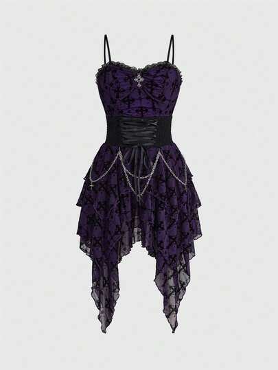 Goth Abito da donna romantico e vintage, stile gotico, con croce floccata, catena staccabile, allacciatura in vita asimmetrica