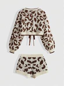 ROMWE Kawaii Set de 2 suéteres de mujer con estampado de leopardo y decoración de moño - Multicolor - Ver 2