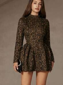 BELROSIE Sexy Y2K Backless Leopard Print Suede Ruched Long Sleeve Dress - Multicolor - View 3