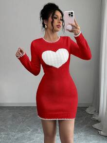 Rafferiza Vestido de Tricô com Coração Trançado, Recorte Contrastante, Novidade da Moda para o Dia dos Namorados 2024 - Vermelho e Branco - Visão 5