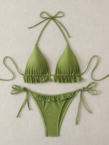 Swim Mod 女士泳衣 夏季沙滩纯色荷叶边挂脖系带两件式比基尼套装