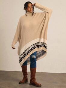 Freevana Plus Size Women Geometric Jacquard Batwing Sleeve Loose Turtleneck Sweater, Autumn/Winter - Multicolor - View 3