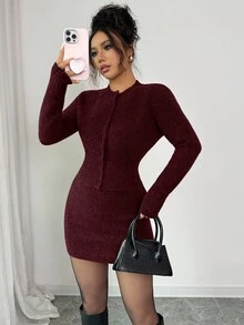 Elenzga Bộ 2 váy len bó sát eo màu xám đậm cho nữ, giúp thon gọn, thu đông - Màu Đỏ Sâu - Xem 3
