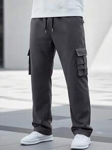Manfinity CasualCool 男士纯色抽绳腰带工装口袋休闲宽松裤 - 深灰色 - 查看 4