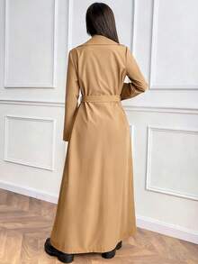 Almamuse 休闲时尚简约宽松长袖双排扣系带长款风衣，纯灰色，春秋冬款 - 駝色 - 查看 2