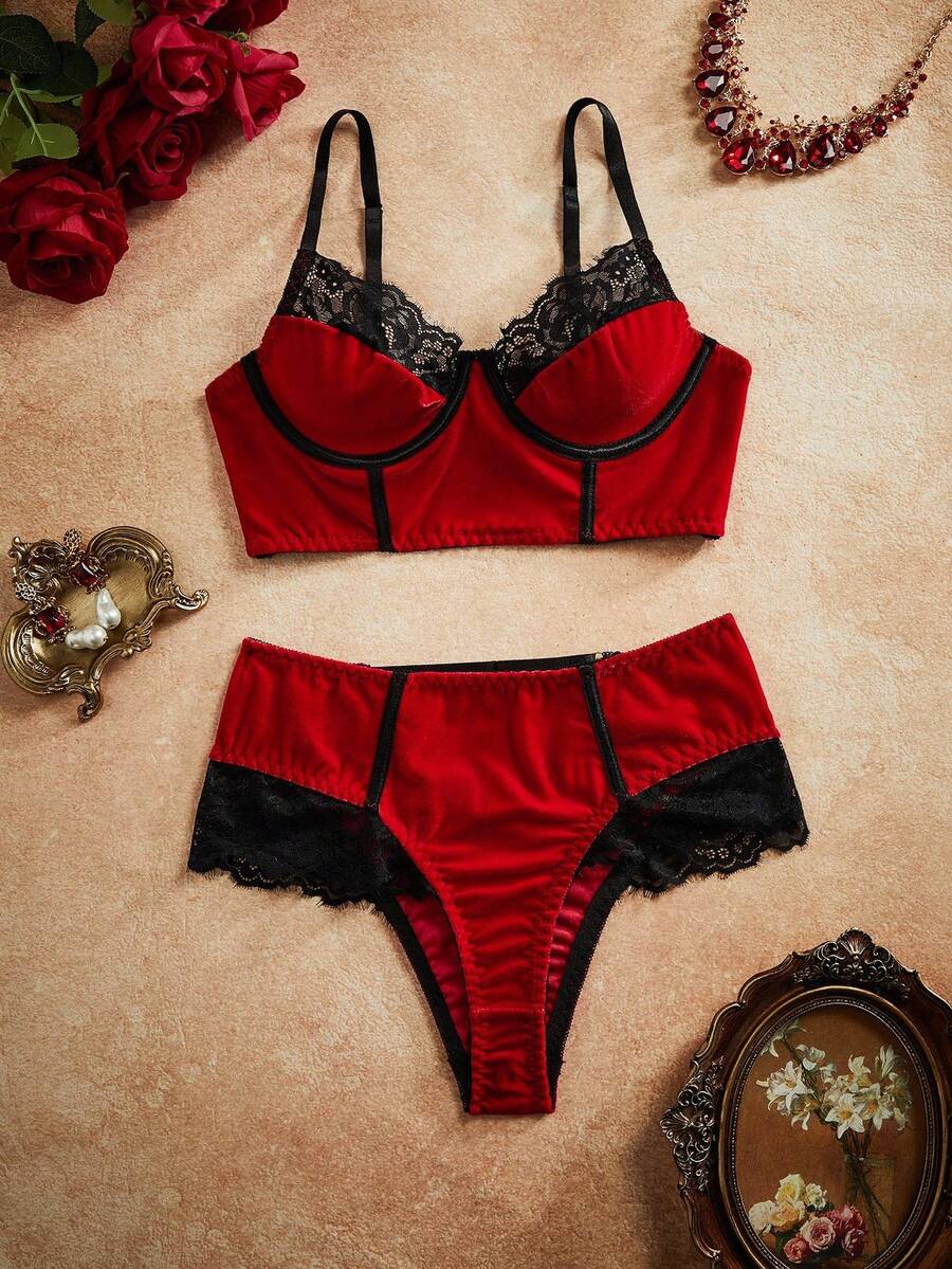 SHEIN Conjunto De Lencería De Encaje Para Mujer Con Detalles De Espiga (sujetador Con Aros Y Braguitas) - Rojo - Ver 1