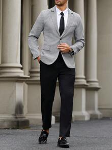 Manfinity Bizformal Men's Casual Suit Set,Black And Beige Textured Fabric Blazer & Pants,Summer Business Casual Office Outfit,Old Money Style Long Sleeve Elegant Set - Black and White - View 3