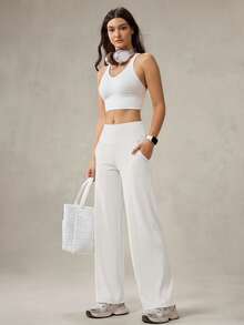 OutZeal Quần thể thao nữ màu trắng, chất liệu mềm mại, thấm hút mồ hôi, cạp cao, ống thẳng, màu trơn, thích hợp cho tập yoga, mùa xuân hè. - Màu be - Xem 7