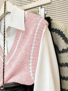 Franclia French Retro Loose V-Neck Sleeveless Contrast Trim Gray Knit Vest, Suitable For Women In Autumn/Winter - Pink - View 6