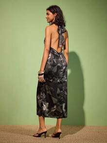 Felipe Marques Blume Muster Lässig Elegant Würdevoll Sexy Rückenfreies Maxikleid mit hohem Schlitz für Frauen, geeignet für täglichen Ausgang, Reisen, Urlaub, Date, Party, Weihnachten, Herbst/Winter