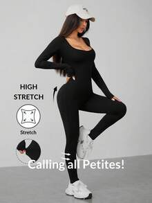 SHEIN PETITE 春季圆领黑色长袖连体衣 - 黑色 - 查看 10