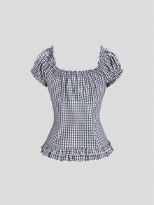 SHEIN Sweetro 女士格子荷叶边系腰短袖衬衫