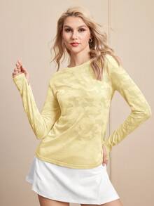 Cheerettes Women Camouflage Print Back Cutout Long Sleeve Casual Fitness Sports T-Shirt - Yellow - View 4