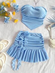 Soleia 2 件套女士纯色褶皱抹胸上衣和 3D 花卉装饰迷你裙 - 藍色 - 查看 7