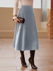 Modelyn Váy dài xòe thanh lịch bằng da lộn giả màu trơn dành cho nữ - Màu xanh lam - Xem 3