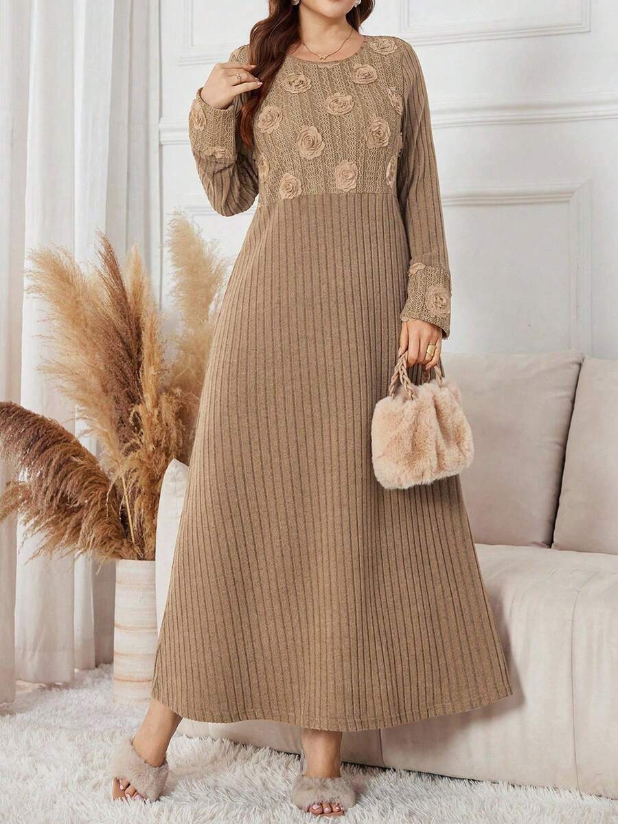 SHEIN Najma 花卉拼接罗纹卡其色长袖优雅连衣裙 - 卡其色 - 查看 1