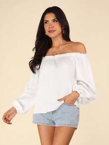 SHEIN VCAY Blusa de hombros descubiertos ribete fruncido de manga farol - Blanco - Ver 7
