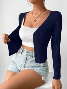 Women's Slim Fit Button Front Ribbed Cardigan, Casual Long Sleeve - Navy Blue - View 4