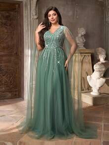 Aureia Plus Size Elegant Romantic Dark Green Deep V Luxurious Embroidered Lace Contrast Mesh Multi-Layer Maxi Dress, Long Sleeve, A-Line, Formal Evening Gown Teal