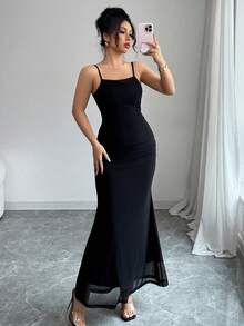 Elenzga Women Solid Color Fish Tail Hem Sling Mid-Calf Slim Fit Elegant Dress