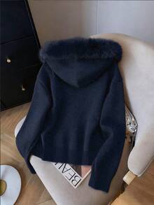 GlowEve Plush Hooded Zip-Up Solid Color Minimalist Cardigan For Women - Navy Blue - View 2