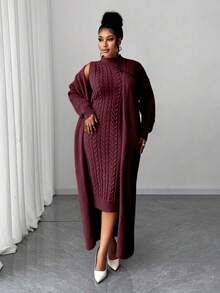 Maweii 大码女式纯色绞花针织优雅连衣裙开衫两件套 - 酒紅色 - 查看 1