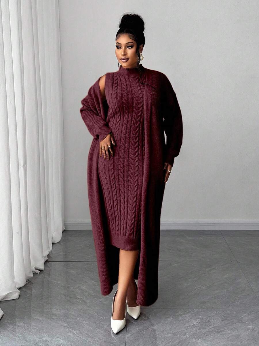 Maweii 大码女式纯色绞花针织优雅连衣裙开衫两件套 - 酒紅色 - 查看 1