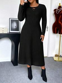 EMERY ROSE Plus Size Ribbed Knit Elegant Cocktail Party Evening Casual Criss-Cross Long Sleeve Fitted Sexy Mature Dress - Black - View 8