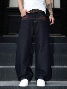 Manfinity EMRG Street Life Men's  Embroidered Saber Loose Wide-Leg Raw Denim Jeans - Dark Wash - View 3