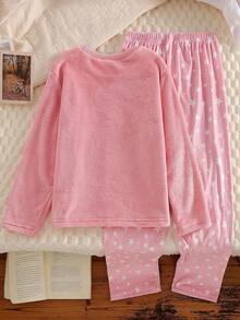 女童睡衣，柔粉色休闲优雅家居服，长袖上衣和裤子套装，饰有云朵、笑脸、星星刺绣图案，抓绒面料，适合秋冬季青少年女孩穿着。 - 淺粉色 - 查看 2