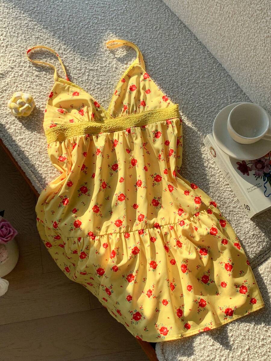 Comfortcana 女士印花撞色蕾丝荷叶边吊带连衣裙 - 淡黃色 - 查看 1