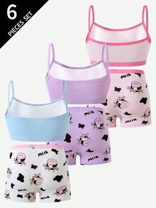SHEIN Young Girls Bra And Panty Sets-Cute Cow Print Bra And Shorts Set Pink Purple Blue Strappy Tops Matching Boxer Briefs Roundneck Longsleeve Longpants Skirt Options Kids Underwear 6 Piece Pajama Loungewear Four Seasons New Year 2026 Essentials
