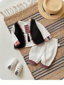Newborn Baby Girl Cute Color Block Geometric Pattern Long Sleeve Shirt & Elastic Waist Pants Set - Black and White - View 11