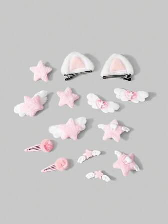 Goth 14 Random Styles Of Handmade Hairpins, Pink Rose Hairball, Star Cat Ears, Love Wing Element Combination Hairpins, Cute Wind Furry Hair Accessories Combination.
