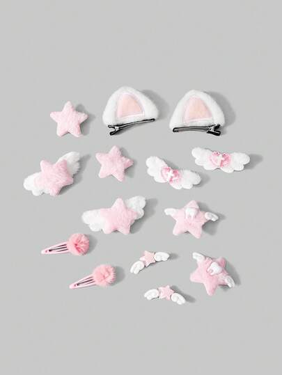 Goth 14 stili casuali di forcine fatte a mano, con fiori rosa, stelle a forma di pallina, orecchie di gatto, ali d'amore, combinazione di elementi a forma di stella, vento carino, forcine per capelli soffici e spettinati, combinazione di accessori per capelli.