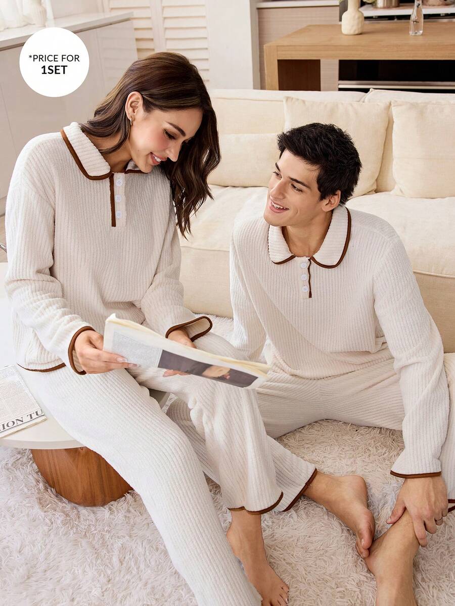 CoupledUp 男士舒适休闲翻领三粒扣长袖睡衣套装，秋冬款 - 米色 - 查看 1