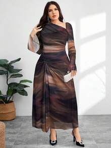 Modelyn 大码女式扎染印花不对称领口喇叭袖时尚连衣裙 - 棕色 - 查看 6