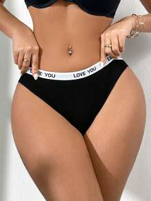 EasyFave Calcinha fio dental feminina sem costura com estampa de letras em jacquard, 1 unidade, preta. - Preto - Ver 1