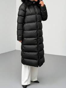 Faux Fur Hooded Padded Coat, Long Quilted Winter Jacket, Warm Thick Outerwear, Casual Street Style, Cozy Cold Weather - Black - View 3