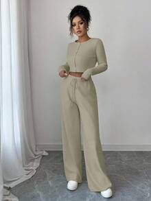 Modelyn Conjunto de 2 piezas de suéter de manga larga y pantalones de unicolor elegante para mujer - Camel - Ver 7